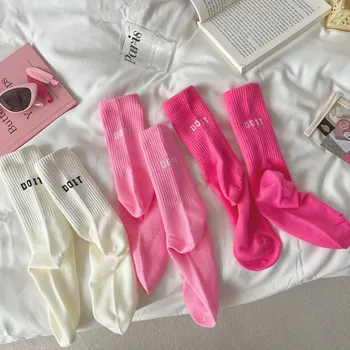 Розовые Носки, хлопковые Женские Носки средней длины с милой надписью DO IT, Корейские Зеленые Японские Спортивные Носки, Дышащие Красочные Повседневные Носки