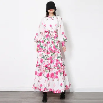 Женское Весенне-осеннее платье Макси с цветочным рисунком, круглым вырезом, длинным рукавом-фонариком, поясом с высокой талией, женские модные платья с длинными оборками