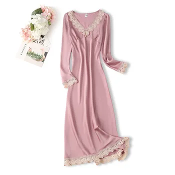 Весенне-летняя женская длинная ночная рубашка с V-образным вырезом, пижама с длинным рукавом, Розовая ночная рубашка из искусственного шелка с милой кружевной отделкой, повседневное домашнее платье