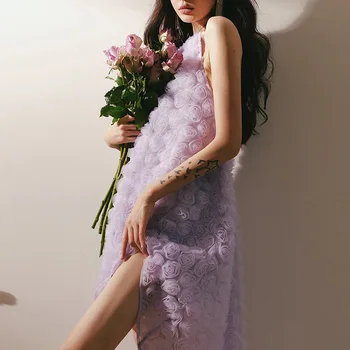 Женское элегантное фиолетовое платье с 3D розой на бретелях, Сексуальное Летнее свободное платье в пляжном стиле для вечеринок