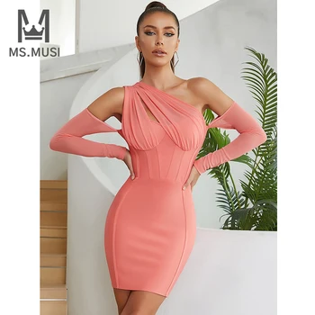 MSMUSI 2023 Новое Модное Женское сексуальное мини-платье с открытыми плечами, длинным рукавом, открытой спиной, бандажное платье для вечеринок, клуба, облегающее мероприятие, мини-платье