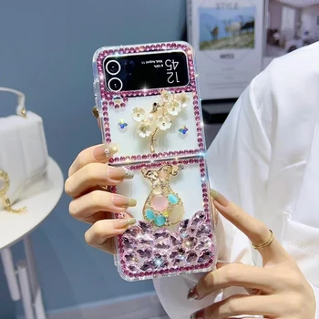 Уникальный роскошный модный жемчужный бриллиантовый цветок, ваза с драгоценными камнями, кристально чистый чехол для телефона Samsung Galaxy Z Flip 4 3 2 1 5G