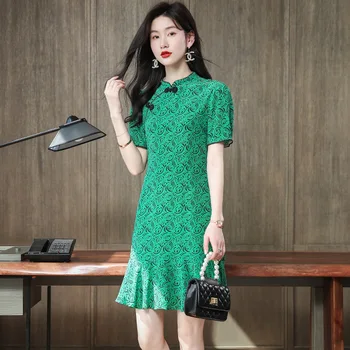 2023 Летние Женские Новые Дизайнерские Зеленые платья с принтом из 100% натурального шелка высокого качества с воротником-стойкой, тонкие Мини-платья