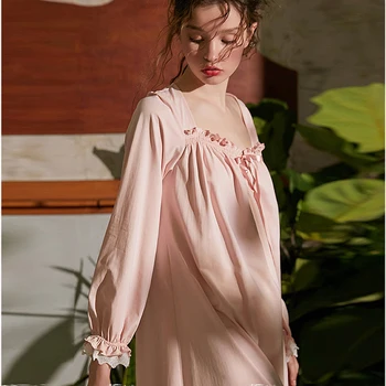Женское розовое платье принцессы с квадратным воротником, пижамы в стиле Лолиты, винтажная ночная рубашка в полоску.Хлопчатобумажная Ночная Рубашка Для Сна и Отдыха