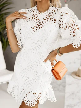 Летнее шикарное Женское кружевное Белое мини-платье, модное женское платье с круглым вырезом и коротким рукавом, Летнее элегантное приталенное платье на молнии