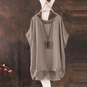 Женская блузка Летучая Мышь С коротким рукавом из хлопка и льна, Повседневная блузка с тонким разрезом, Однотонный Свободный пуловер с круглым вырезом, блузы большого размера