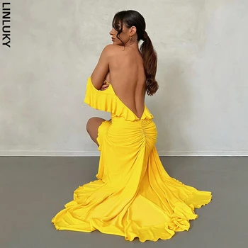 Лето 2023, Новое модное Тонкое Сексуальное платье с открытой спиной для женщин, приталенное, с отделкой деревянными ушками, длинные платья для клубных вечеринок 