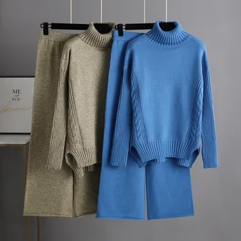 Женственные Модные широкие брюки, комплект из двух предметов для осени и зимы, новый свободный свитер с высоким воротом в стиле с напуском, комплект