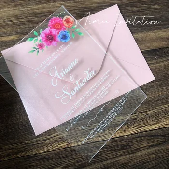 Прозрачное акриловое приглашение на свадьбу с цветочным рисунком
