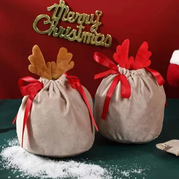 Рождественские Пакеты для конфет, сумки с оленьими рогами, Бархатные подарочные пакеты с кроликом на шнурке, чехлы, Новогоднее украшение для вечеринки 2023 Navidad