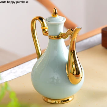 Домашний декор из керамики цвета морской волны в золотой фляге в стиле кантри, креативная фарфоровая посуда для напитков в стиле ретро, фляжки