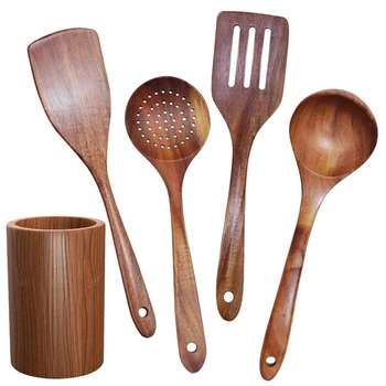Деревянная посуда, набор кухонной посуды из тикового дерева с подставкой, подходит для приготовления пищи с антипригарным покрытием, деревянная лопатка-ложка для приготовления пищи, 5 шт.