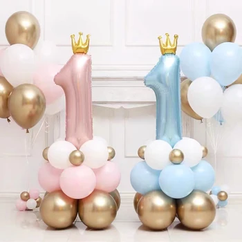 Детская Розовая Голубая Корона Номер 1 Набор воздушных шаров 1-й Первый год Рождения Украшение свадебной вечеринки Душа ребенка Цифровые Воздушные шары из фольги