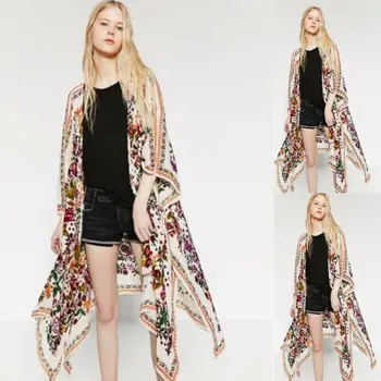 Женская модная Повседневная Цветочная Винтажная Свободная блузка, летнее шифоновое пальто в стиле бохо, шаль, Кимоно, Кардиган, топы