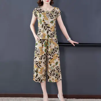 Летняя женская блузка + брюки с принтом из 2 предметов, офисный комплект из двух предметов, повседневные хлопковые льняные топы и брюки длиной до икр, костюм A09