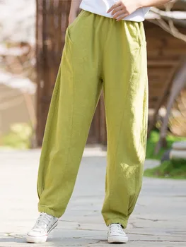 Johnature Женские винтажные льняные брюки в полоску, однотонные карманы, эластичная талия, свободные брюки, Весна 2023, женские длинные брюки,