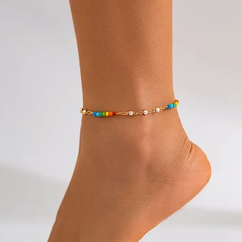Богемный женский браслет на ногу с разноцветными хрустальными бусинками, Летние пляжные цепочки из искусственного жемчуга, ювелирные аксессуары для босоножек на щиколотке