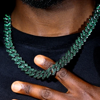 Панк-хип-хоп зелеными стразами, выложенное кубинской цепочкой ожерелье для мужчин, цепочка Iced Out 14 мм, Кубинское ожерелье в виде ромба Майами, ювелирные изделия