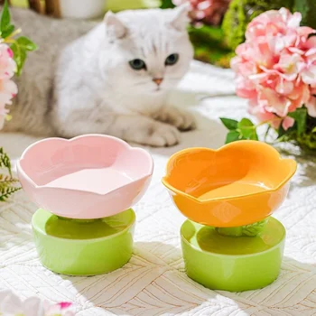 Милая керамическая миска для кошек, высокая ножная пластина, нескользящая кормушка для щенков в форме цветка, корм для кормления, защита от воды, зоотовары для шейки матки